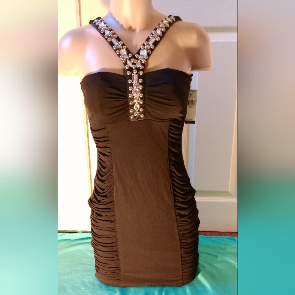 B Wear Too Black Jeweled Halter Bodycon Mini Dress XS NWT Glam Party - Picture 2 of 12